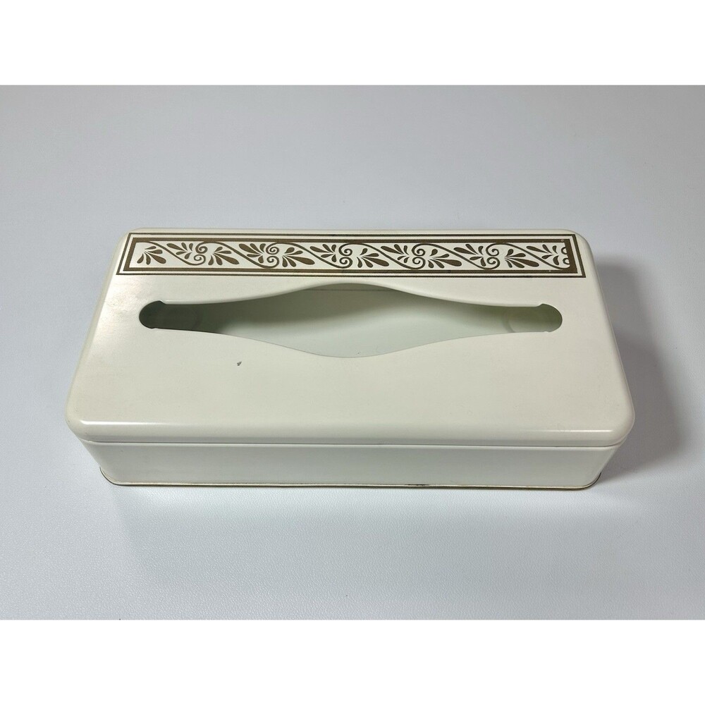 Vintage Ransburg Metal Tissue Box Creme White Cover Gold Floral MCM Decor